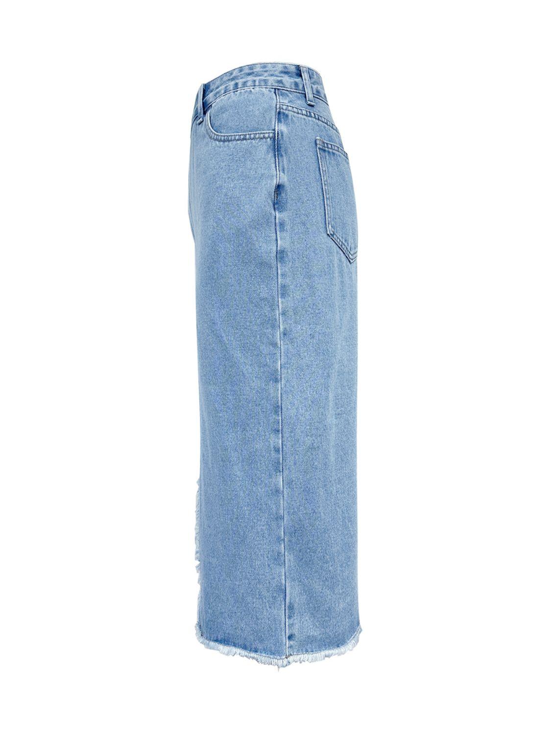 Raw Hem Slit Midi Denim Skirt for Effortless Style