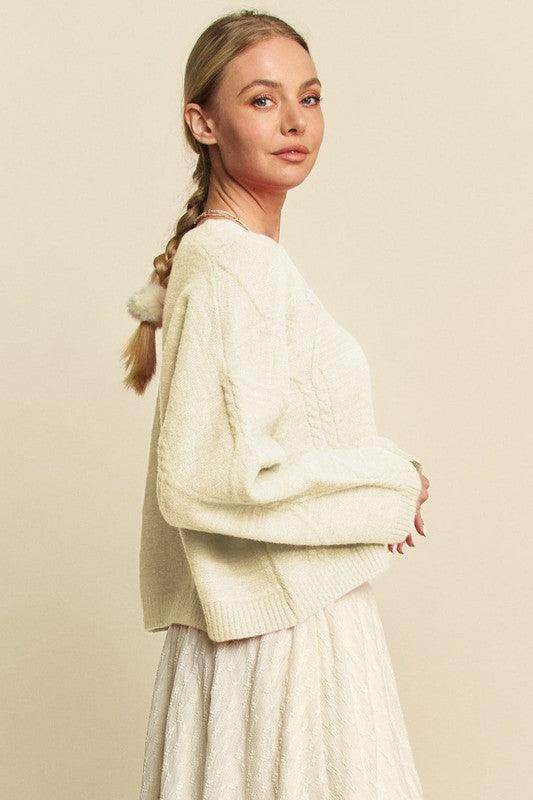 Davi & Dani Diamond Cable Pattern Drop Shoulder Sweater - Selvanelle