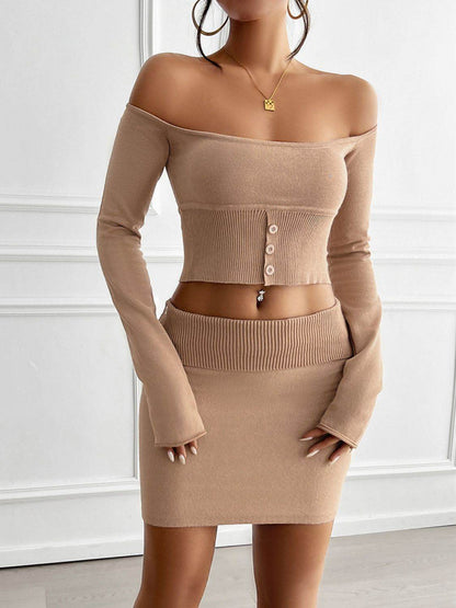 Devine Decorative Button Off-Shoulder Top and Skirt Set - Selvanelle
