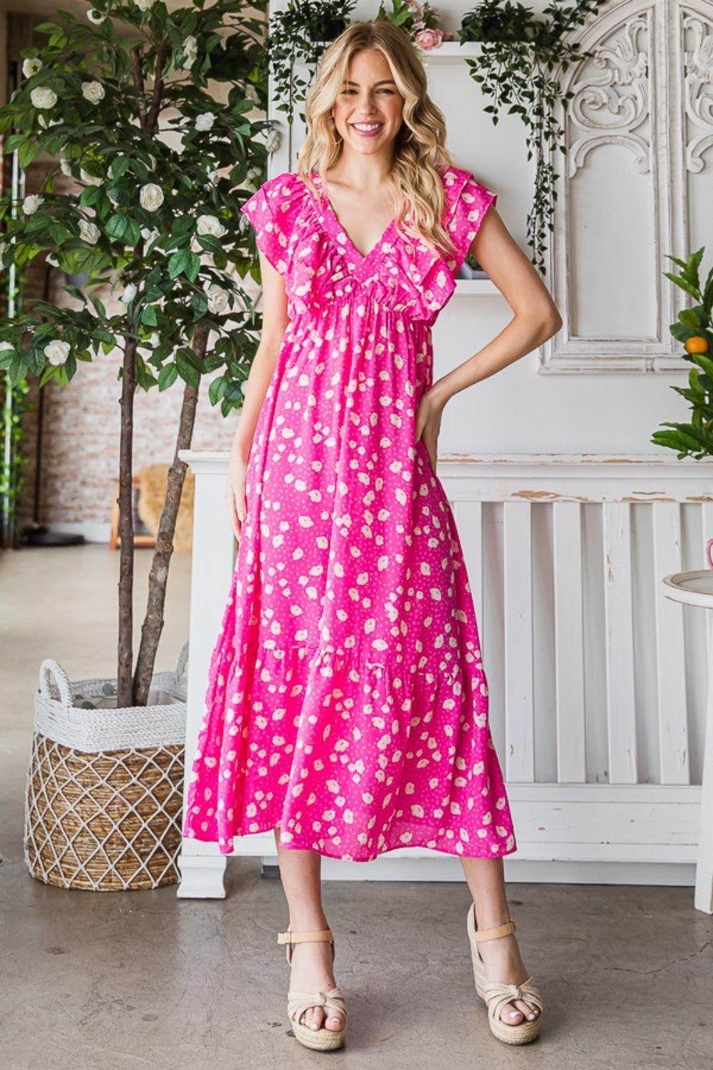 Reborn J Printed V-Neck Ruffle Trim Tiered Midi Dress - Selvanelle