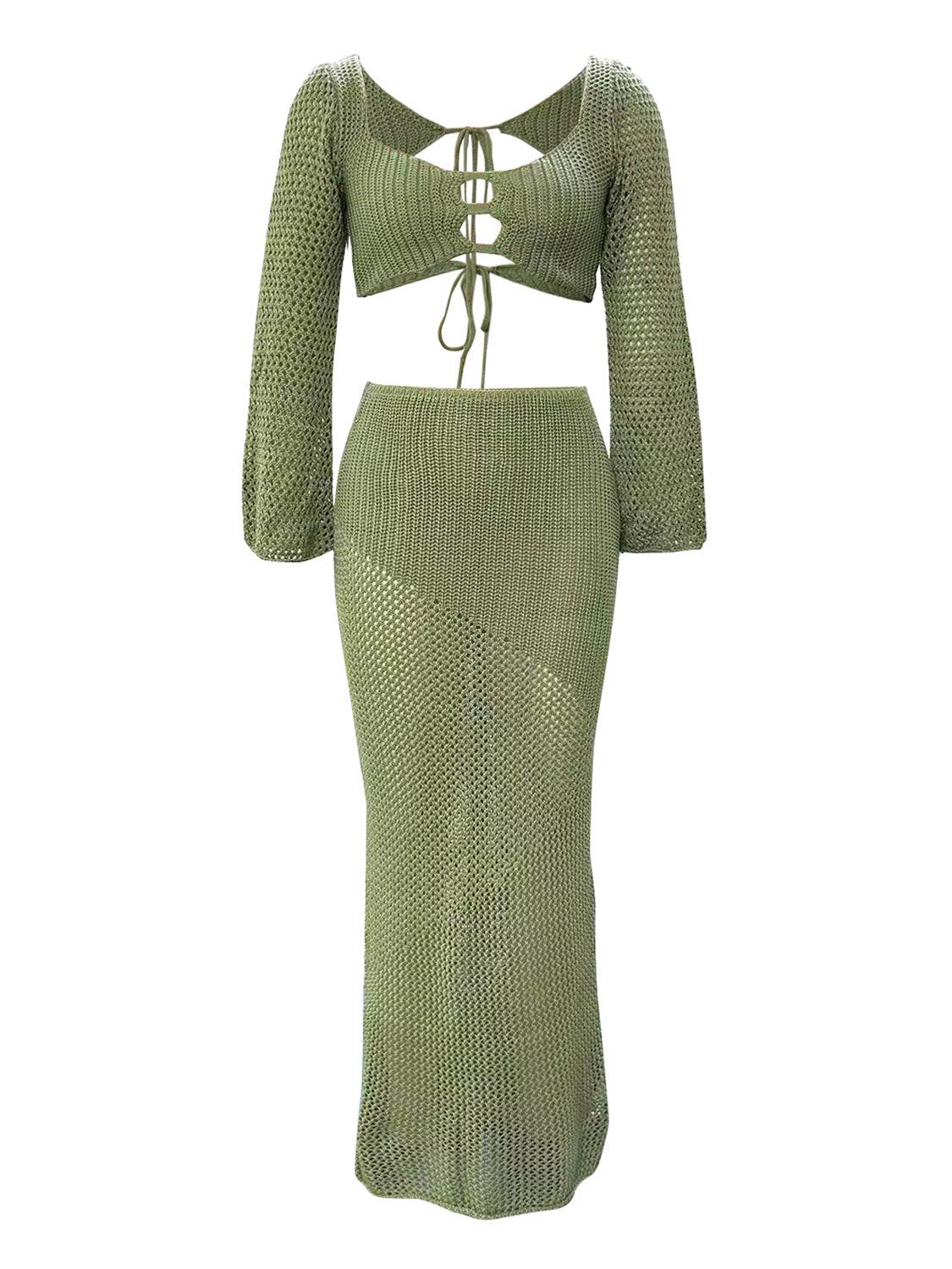 Tied Long Sleeve Top and Skirt Cover Up Set - Selvanelle