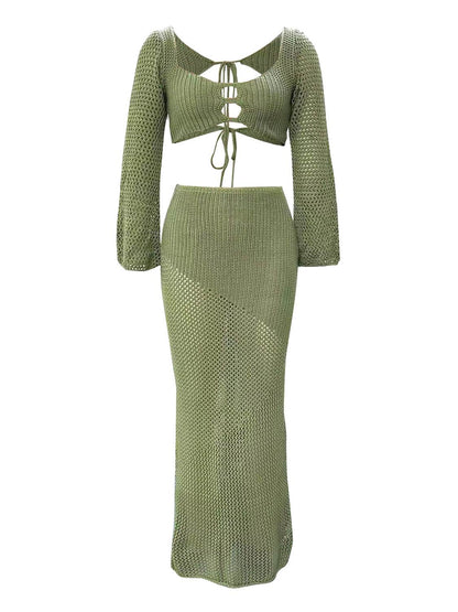 Tied Long Sleeve Top and Skirt Cover Up Set - Selvanelle
