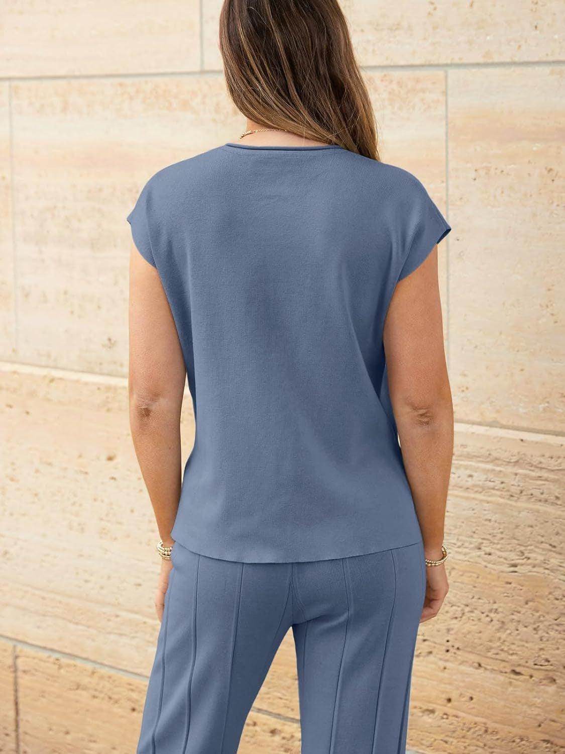 Round Neck Cap Sleeve Top and Pants Knit Set for Women - Selvanelle