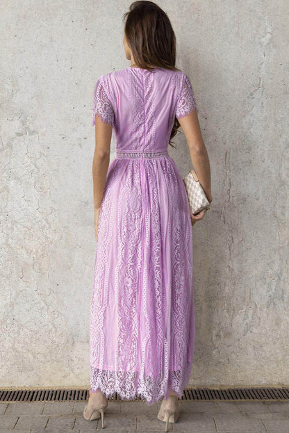Scalloped Trim Lace Plunge Dress for Elegant Occasions - Selvanelle