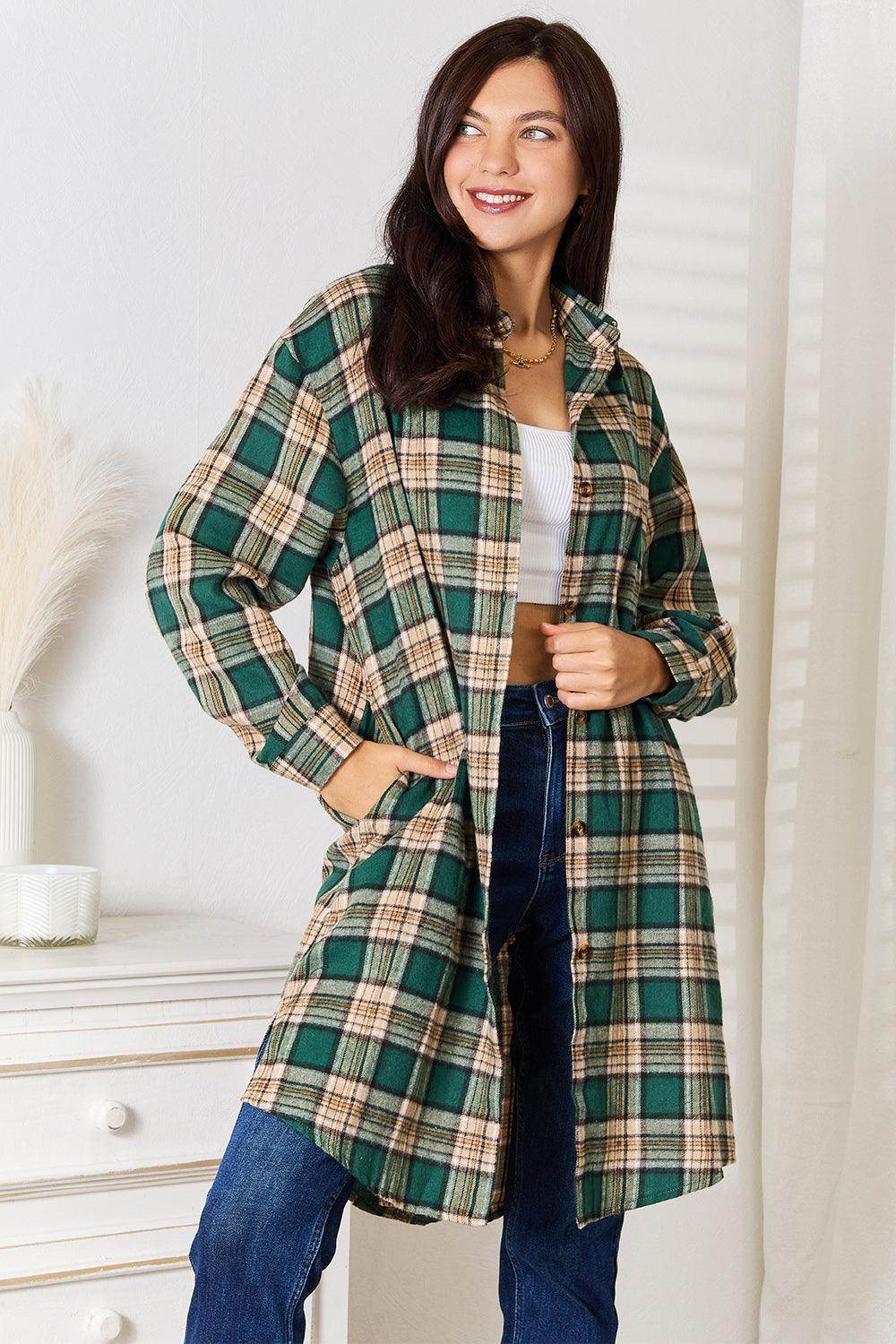 Mandy Plaid Collared Neck Long Sleeve Shirt for Women - Selvanelle