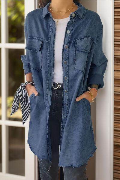 Full Size Pocketed Button Up Long Sleeve Denim Jacket Sale - Selvanelle