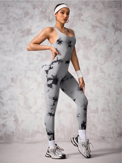 Back Crisscross Tie-Dye Scoop Neck Active Jumpsuit - Selvanelle
