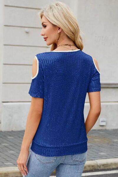 Sequin Cold Shoulder Short Sleeve Blouse for Women - Selvanelle