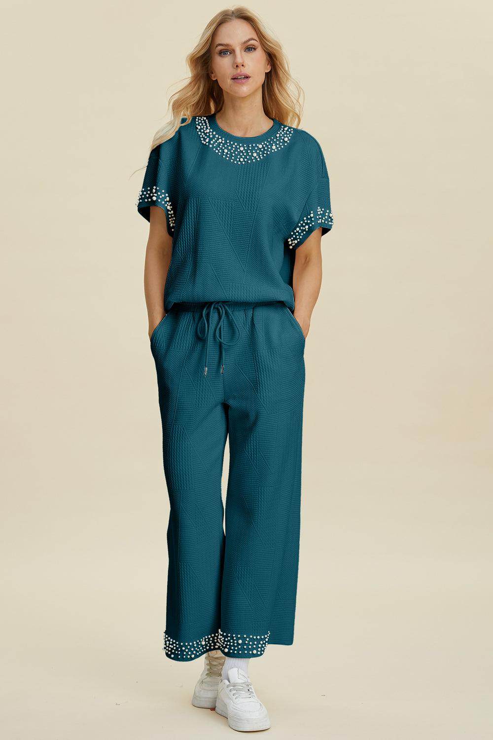 Double Take Full Size Pearl Detail Round Neck Top Pants Set - Selvanelle