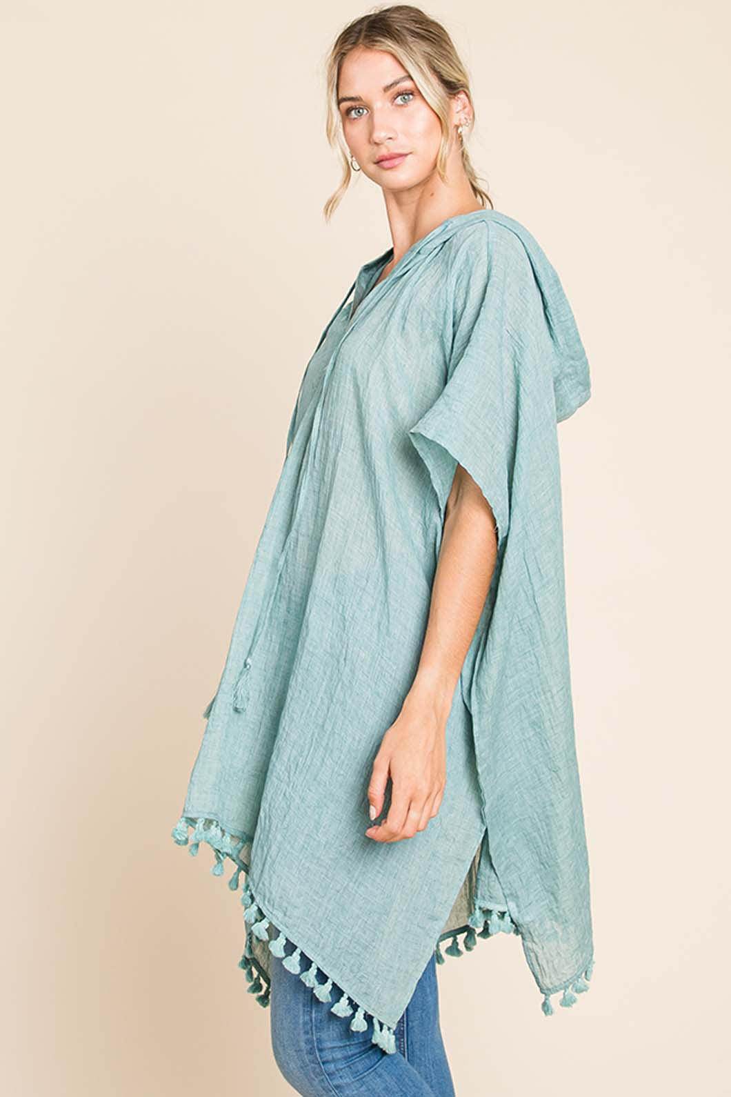 Cotton Bleu by Nu Label Tassel Hem Hooded Cover Up Dress - Selvanelle