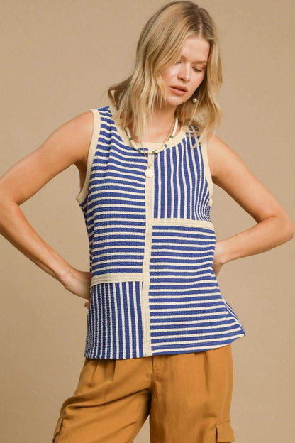 Umgee Round Neck Texture Striped Tank Top for Women - Selvanelle
