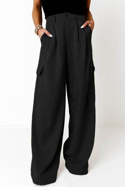 Ruched Wide Leg Pants with Pockets for Casual Style - Selvanelle