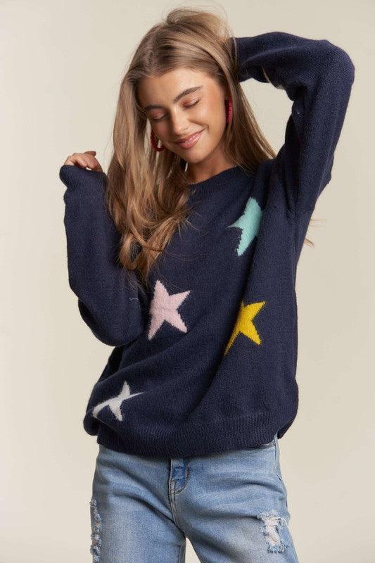 ADORA Stars Pattern Round Neck Drop Shoulder Sweater for Women