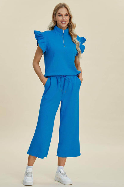 Double Take Full Size Texture Ruffle Top and Pants Set - Selvanelle