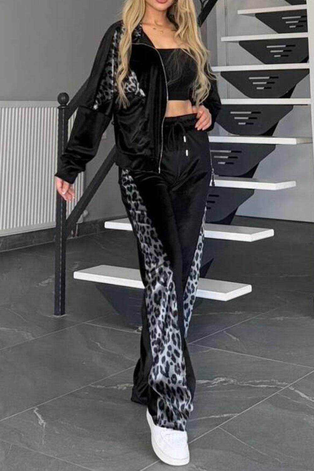 Full Size Collared Neck Leopard Zip Up Top and Pants Set Plus Size - Selvanelle