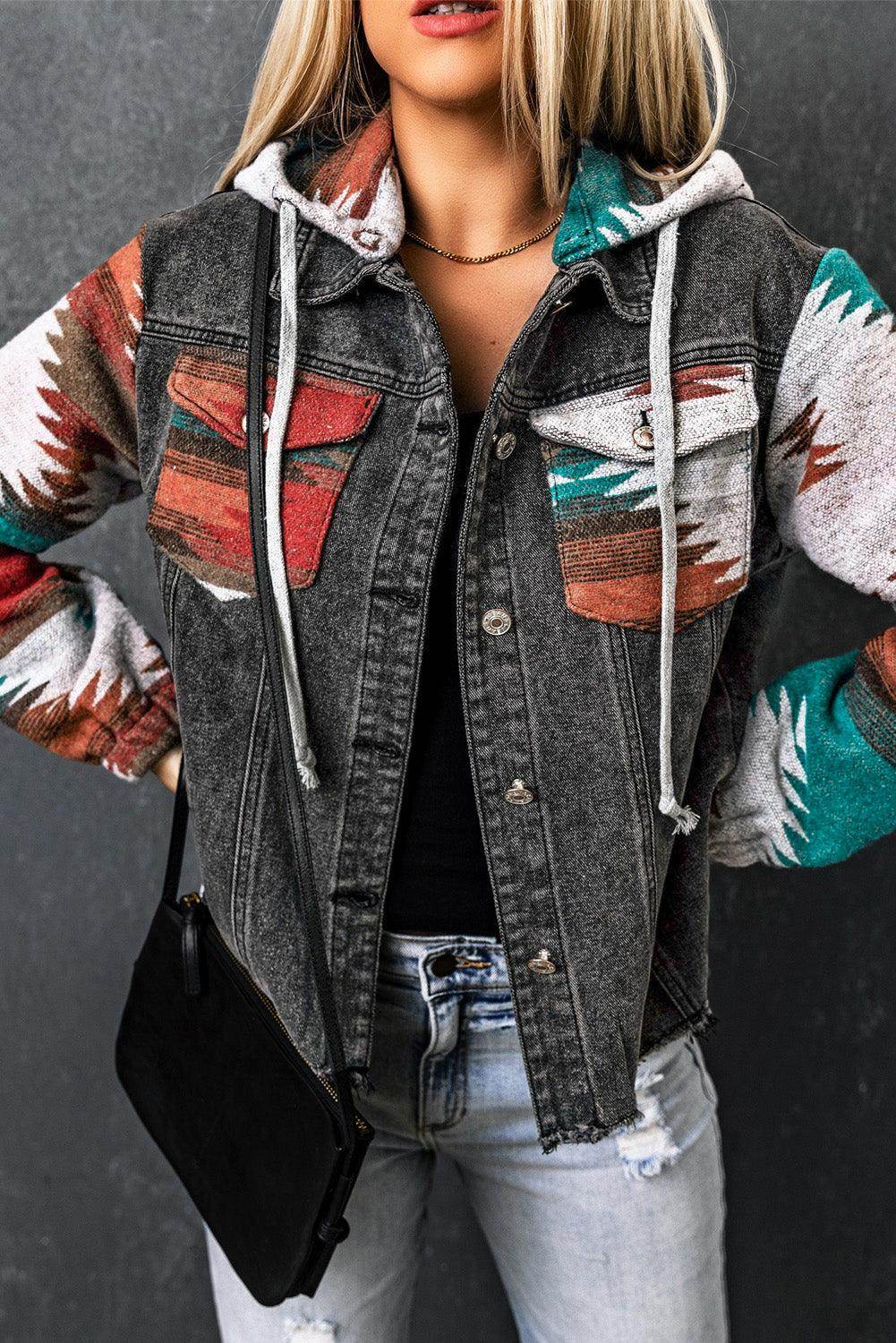 Drawstring Hooded Pocketed Denim Jacket for Women - Selvanelle