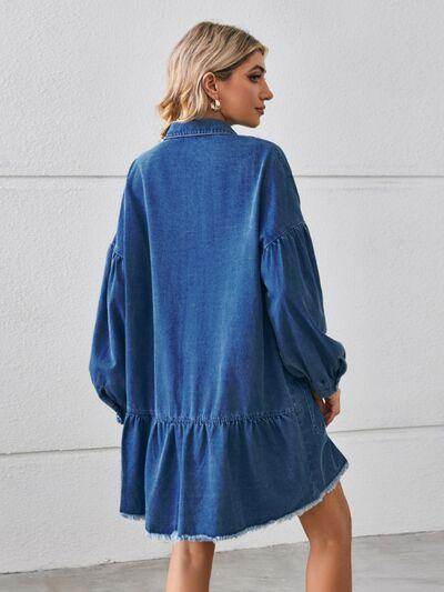 Button Up Pocketed Raw Hem Denim Dress for Women - Selvanelle