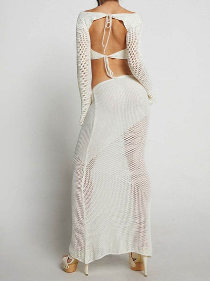 Tied Long Sleeve Top and Skirt Cover Up Set - Selvanelle