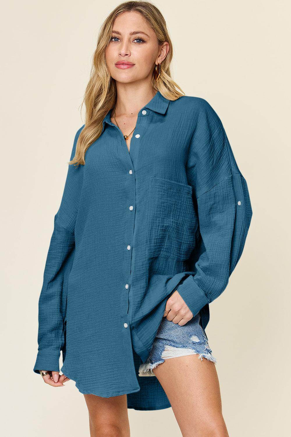Double Take Full Size Pocketed Texture Button Up Shirt - Selvanelle