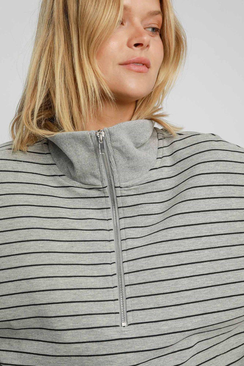 Umgee Striped Half Zip Short Sleeve Sweatshirt for Women