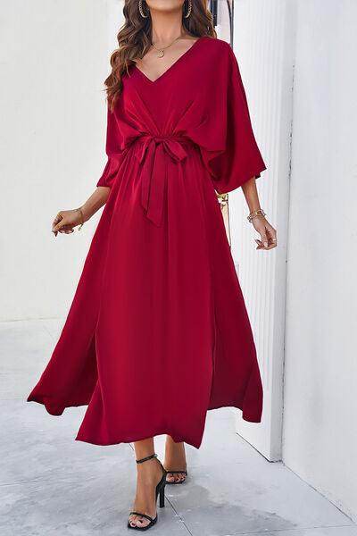 Devine Slit Tied V-Neck Three-Quarter Sleeve Dress for Women - Selvanelle