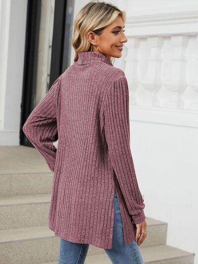 Slit Mock Neck Long Sleeve T-Shirt for Women with Pocket - Selvanelle