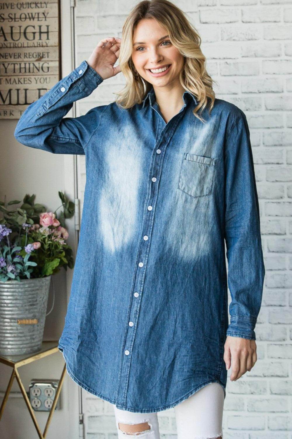 Veveret Pocketed Button Up Washed Denim Shirt for Women - Selvanelle