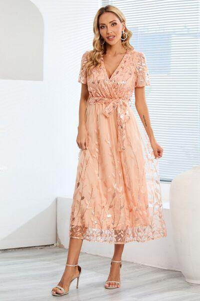 Sequin Leaf Embroidery Tie Front Short Sleeve Dress for Women - Selvanelle