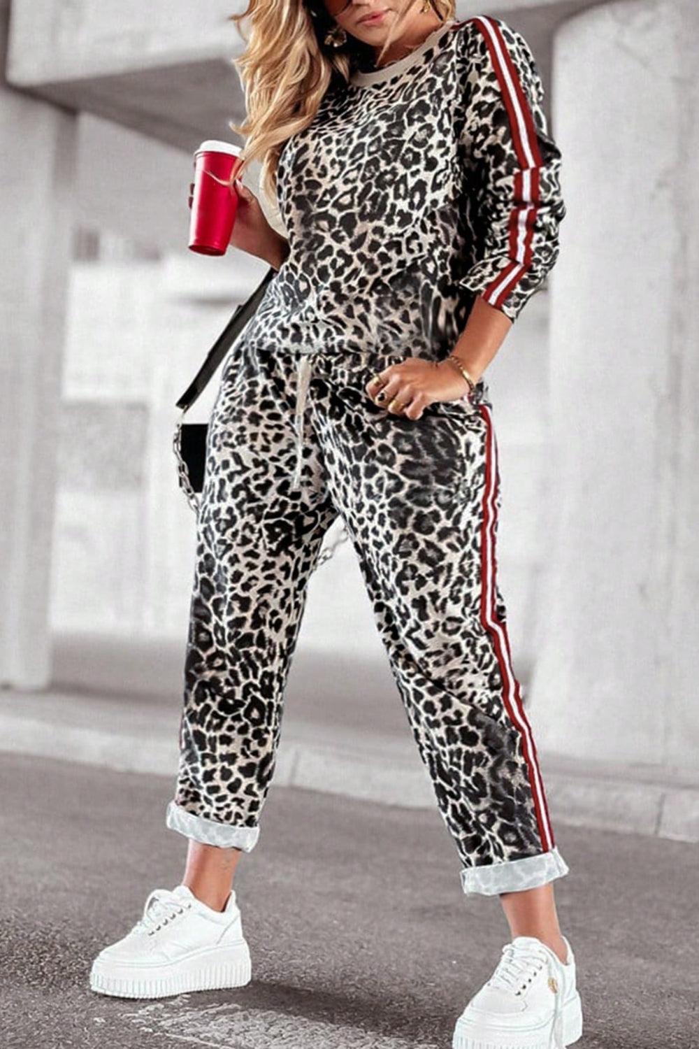 Plus Size Leopard Round Neck Top and Pants Set for Women