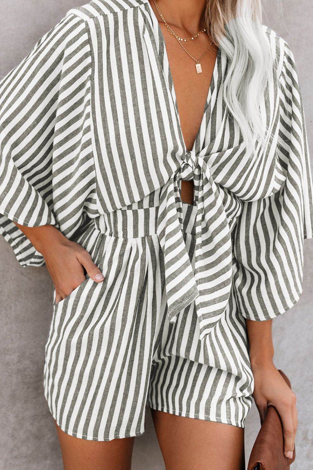 Bow Striped Kimono Sleeve Romper - Selvanelle