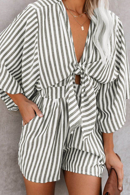 Bow Striped Kimono Sleeve Romper - Selvanelle