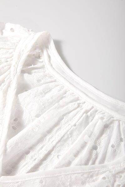 Eyelet V-Neck Long Sleeve Blouse for Stylish Comfort - Selvanelle