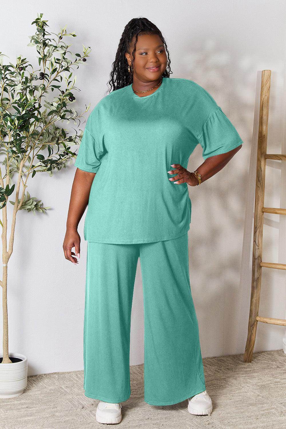 Double Take Full Size Round Neck Slit Top and Pants Set - Selvanelle