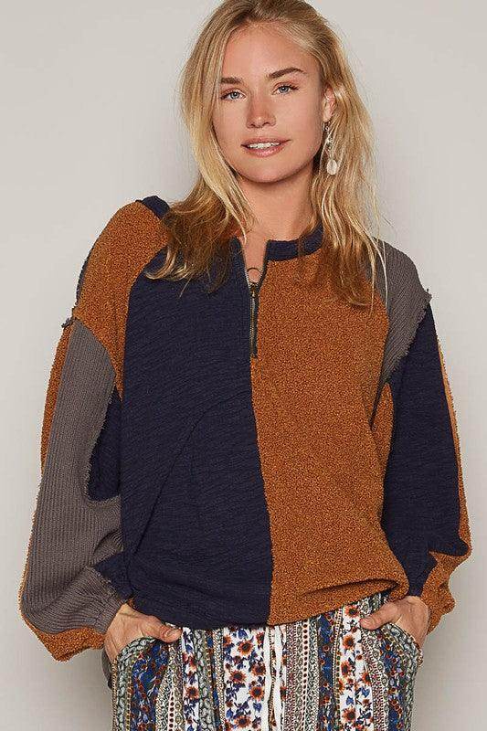 POL Color Block Half Zip Dropped Shoulder Sweatshirt for Women - Selvanelle