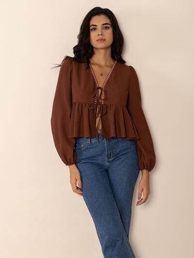 Peplum Tied V-Neck Long Sleeve Blouse for Women - Selvanelle
