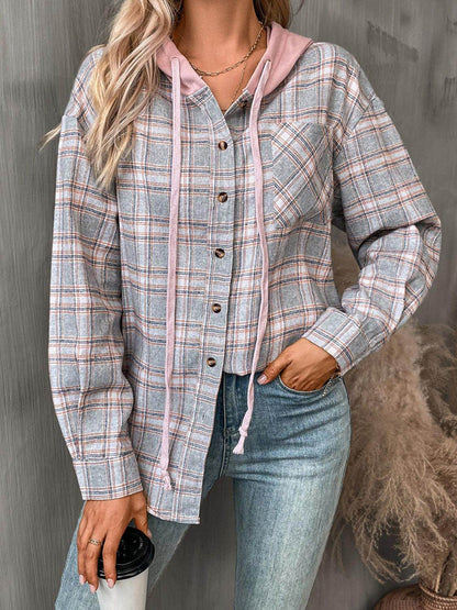 Plaid Long Sleeve Hooded Jacket for Women with Pockets - Selvanelle