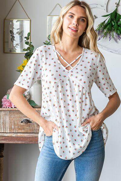 Heimish Full Size Crisscross Ditsy Floral Babydoll Top Plus Size - Selvanelle