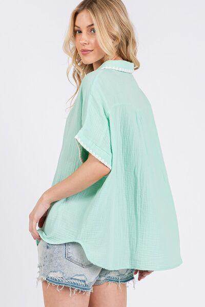 SAGE+FIG Boho Contrast Zigzag Trim Button-Up Shirt - Selvanelle
