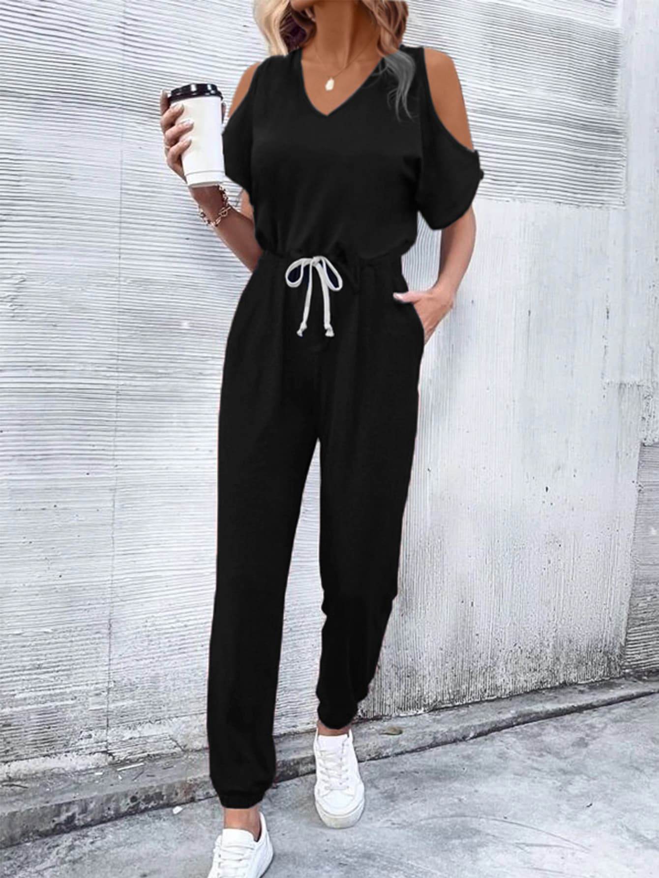 V-Neck Cold-Shoulder Jumpsuit with Pockets - Selvanelle