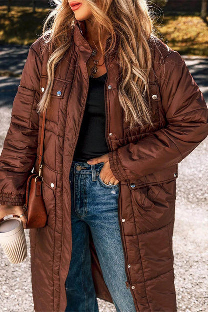 Pocketed Bubble Texture Long Sleeve Longline Winter Coat - Selvanelle