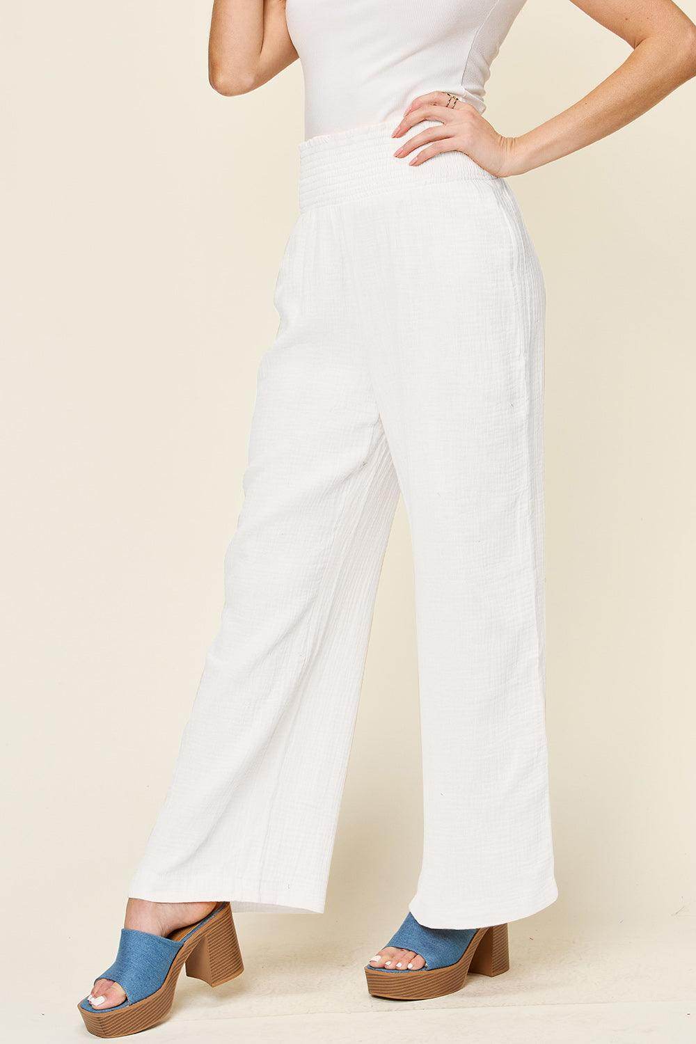 Double Take Full Size Texture Smocked Waist Wide Leg Pants For Women - Selvanelle