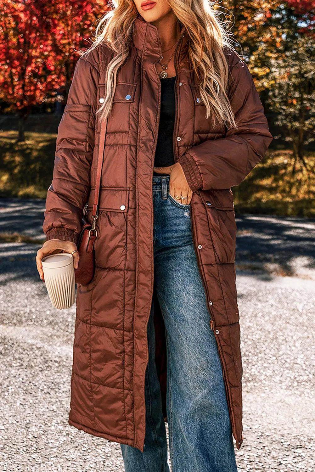 Pocketed Bubble Texture Long Sleeve Longline Winter Coat - Selvanelle