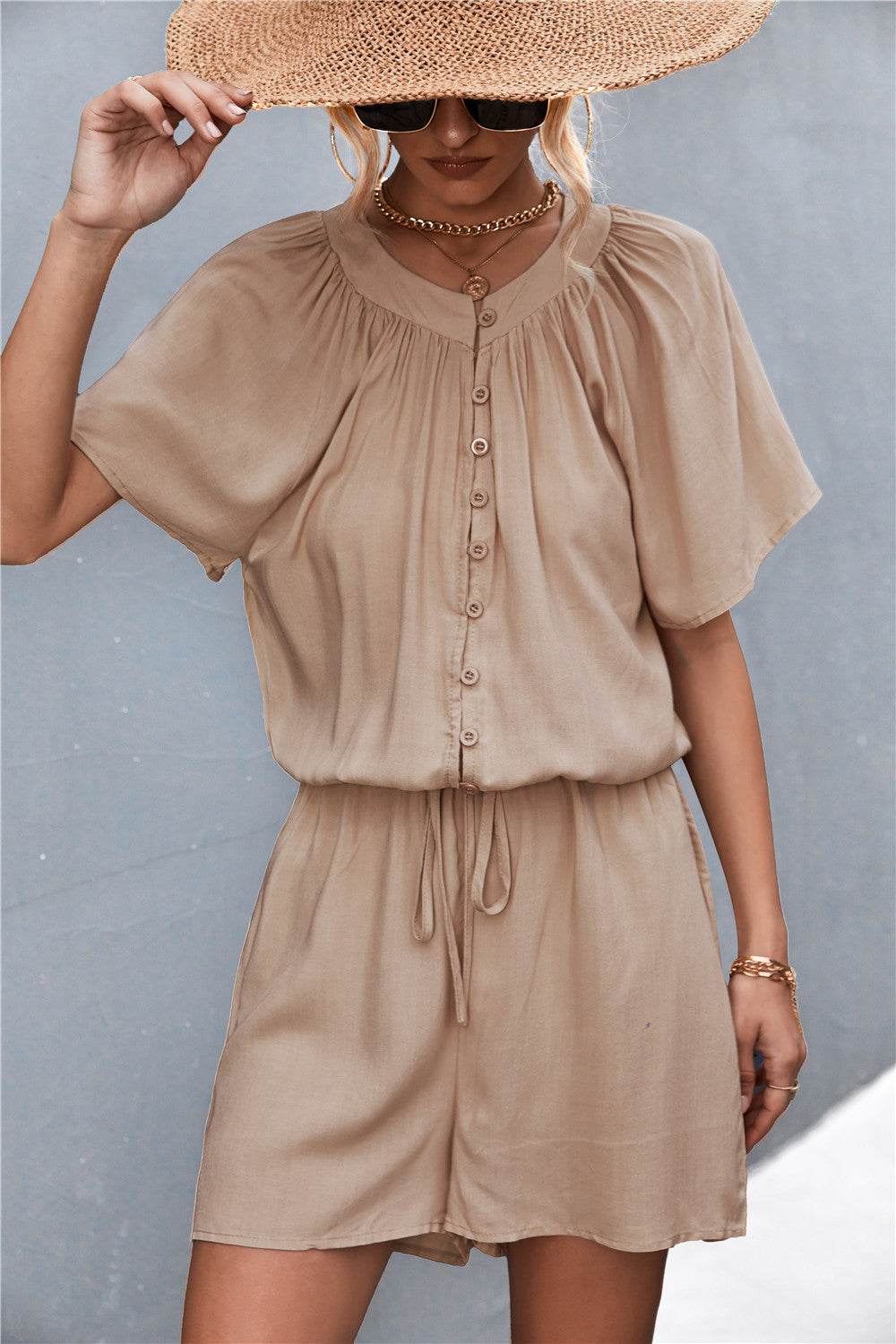 Buttoned Gather Detail Romper - Selvanelle
