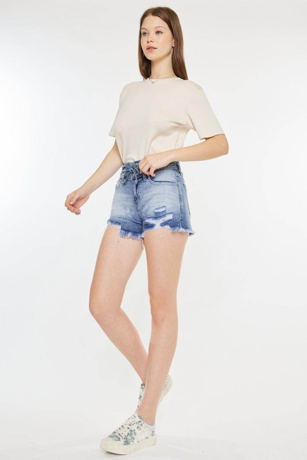 Kancan High Rise Frayed Hem Denim Shorts for Women - Selvanelle