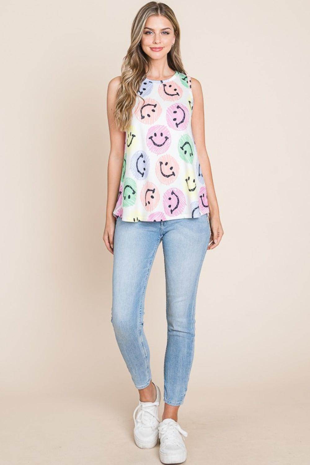 BOMBOM Smiley Face Round Neck Tank for Casual Style - Selvanelle