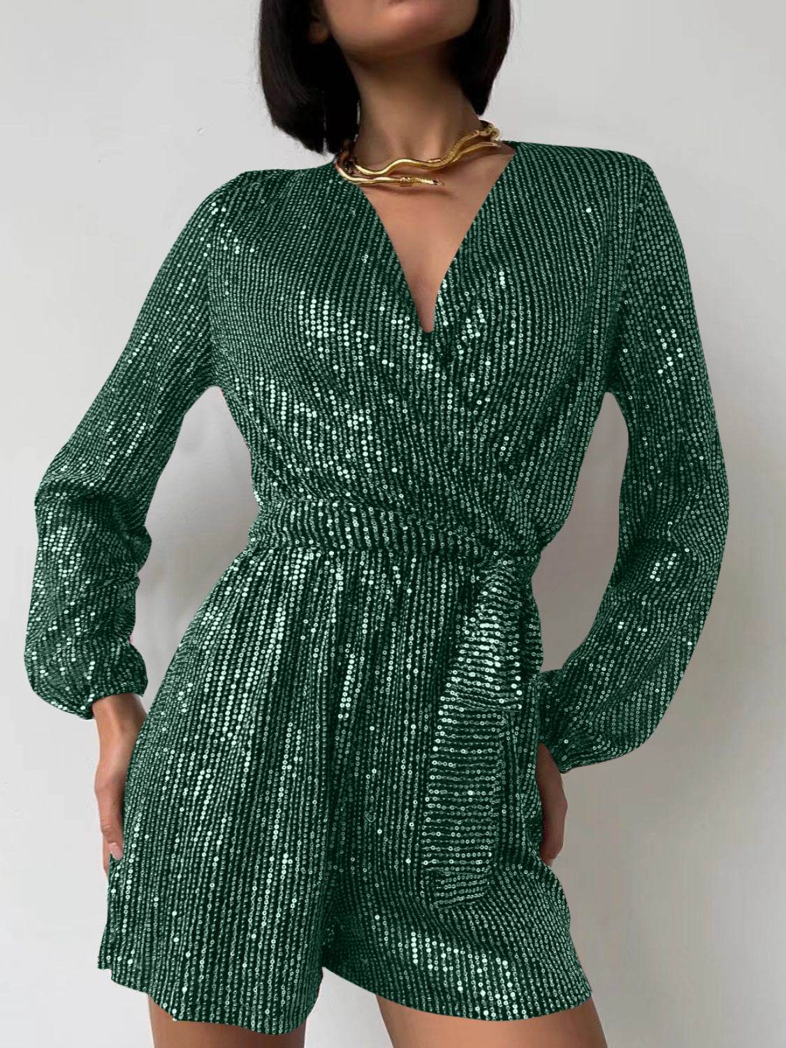 Full Size Sequin Surplice Tie Waist Long Sleeve Romper - Selvanelle