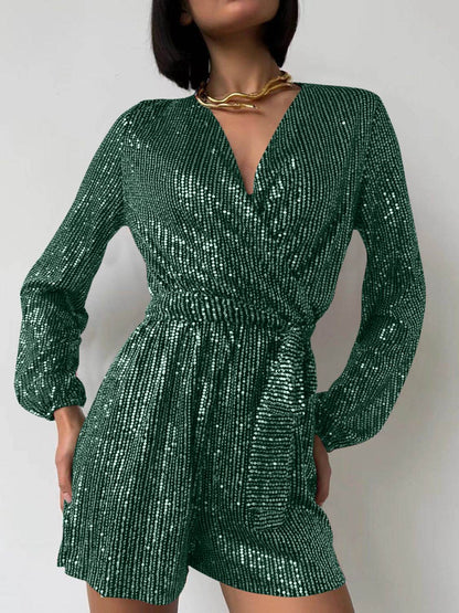 Full Size Sequin Surplice Tie Waist Long Sleeve Romper - Selvanelle