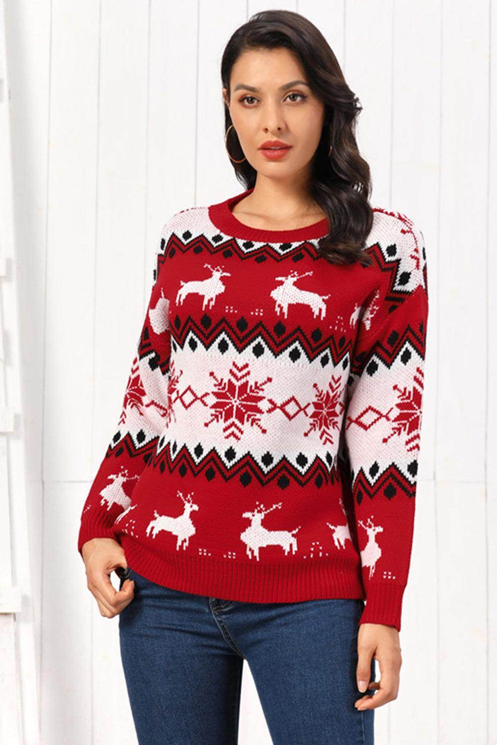 Reindeer Round Neck Sweater for Cozy Winter Style - Selvanelle