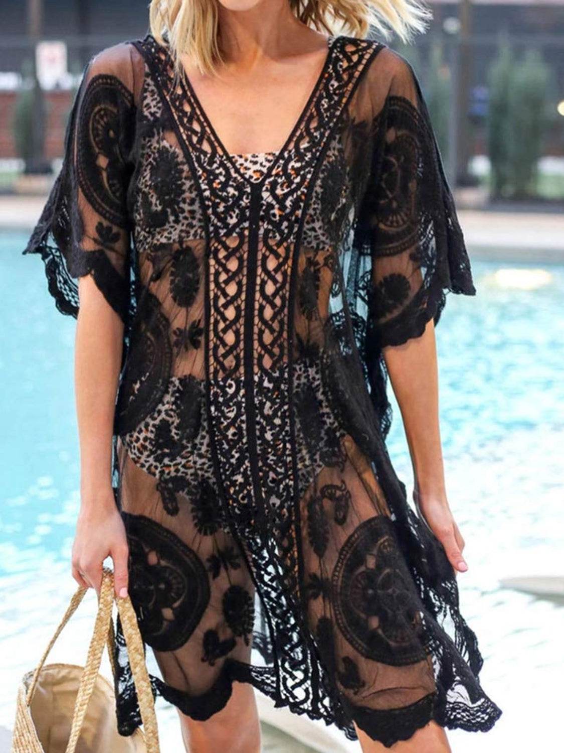 Lace V-Neck Half Sleeve Cover-Up - Selvanelle