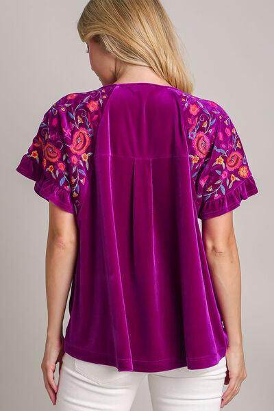 Umgee Full Size Velvet Embroidery Short Sleeve Blouse for Women - Selvanelle